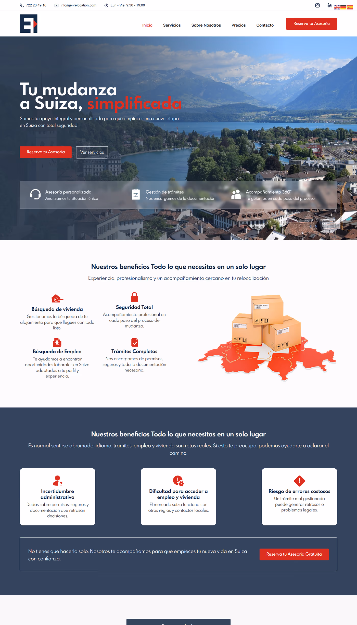 Web de E.I. Relocation diseñada por Windsor Sites — Servicios · Reubicación